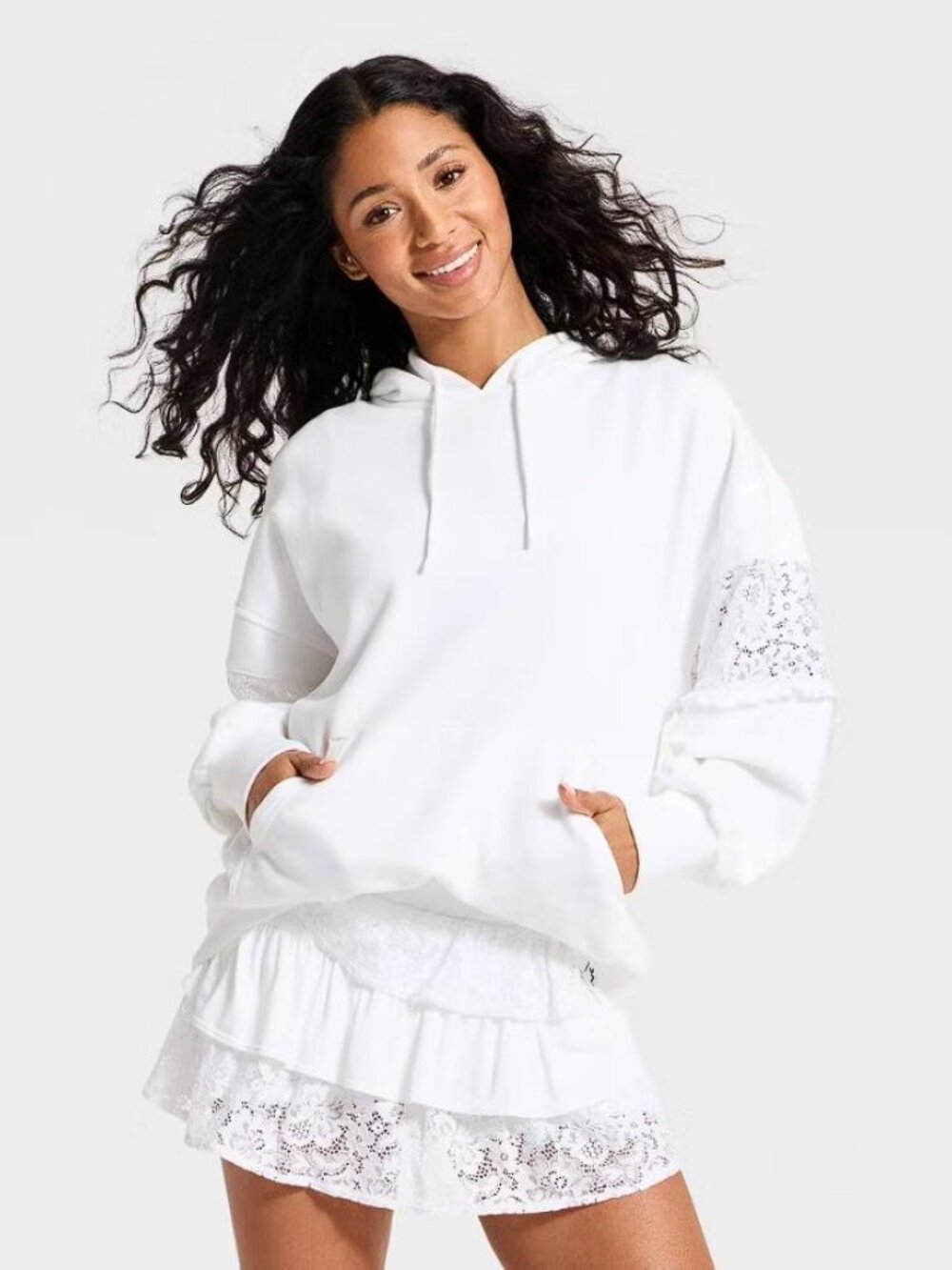 JOYLAB Women's Lace Trim French Terry Hooded Sweatshirt Size XL in White
